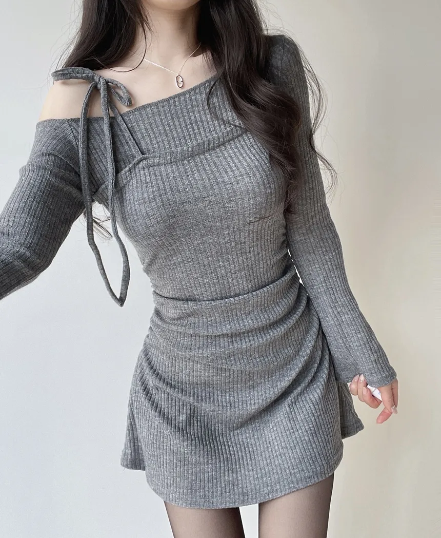 ニットリブドローストリング長袖ミニシャーリングワンピース | mirangmirang | 詳細画像11