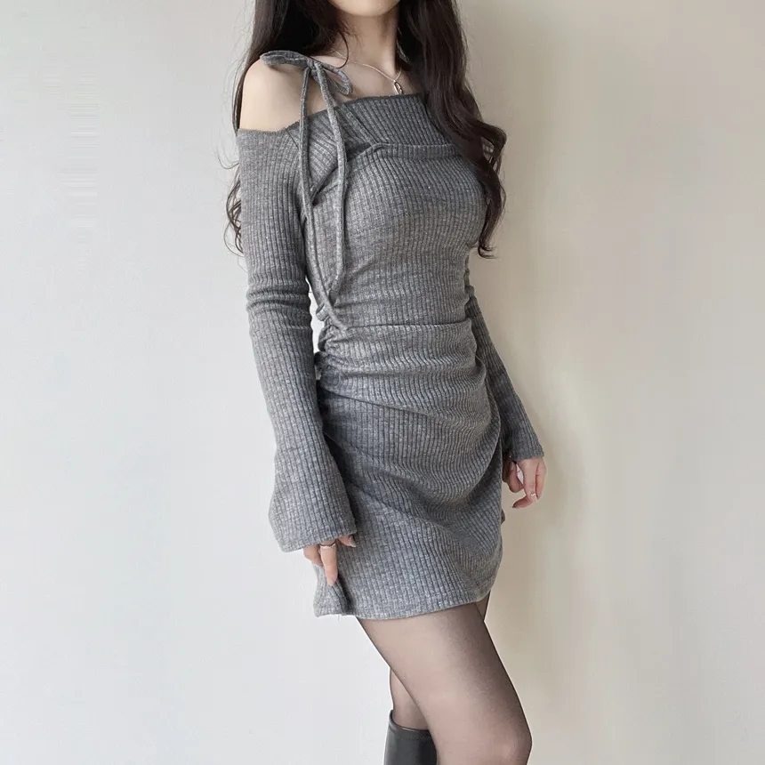 ニットリブドローストリング長袖ミニシャーリングワンピース | mirangmirang | 詳細画像12