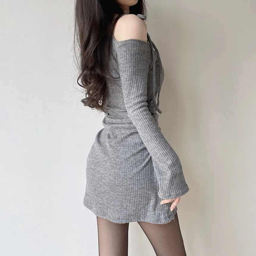 ニットリブドローストリング長袖ミニシャーリングワンピース | mirangmirang | 詳細画像13