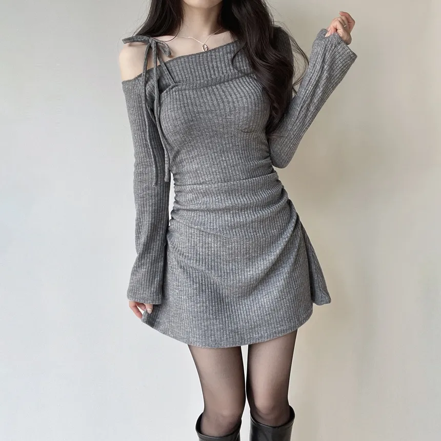 ニットリブドローストリング長袖ミニシャーリングワンピース | mirangmirang | 詳細画像14