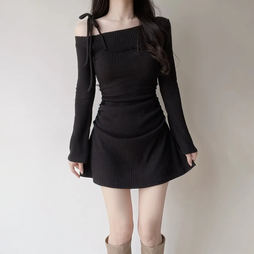 ニットリブドローストリング長袖ミニシャーリングワンピース | mirangmirang | 詳細画像16