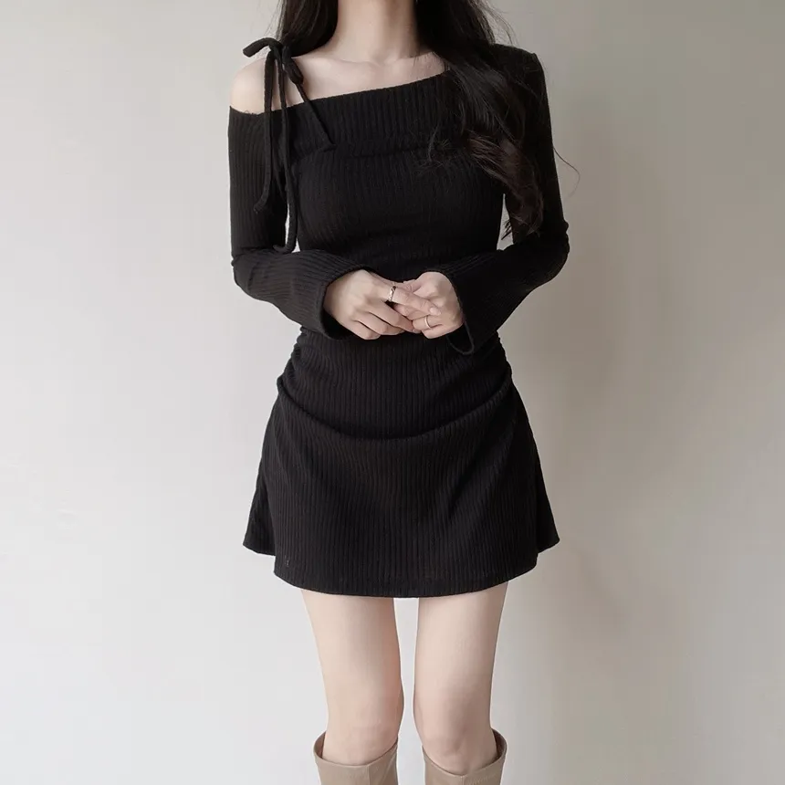 ニットリブドローストリング長袖ミニシャーリングワンピース | mirangmirang | 詳細画像17