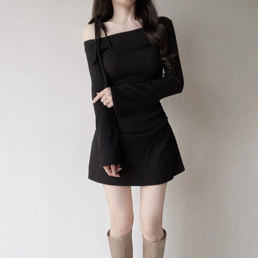 ニットリブドローストリング長袖ミニシャーリングワンピース | mirangmirang | 詳細画像21