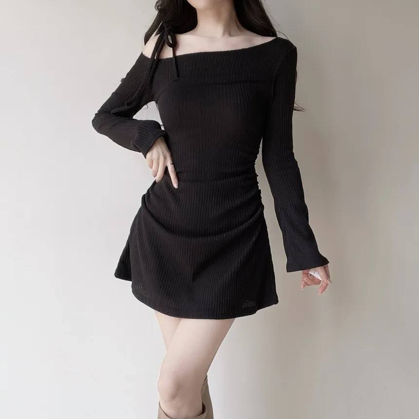 ニットリブドローストリング長袖ミニシャーリングワンピース | mirangmirang | 詳細画像22