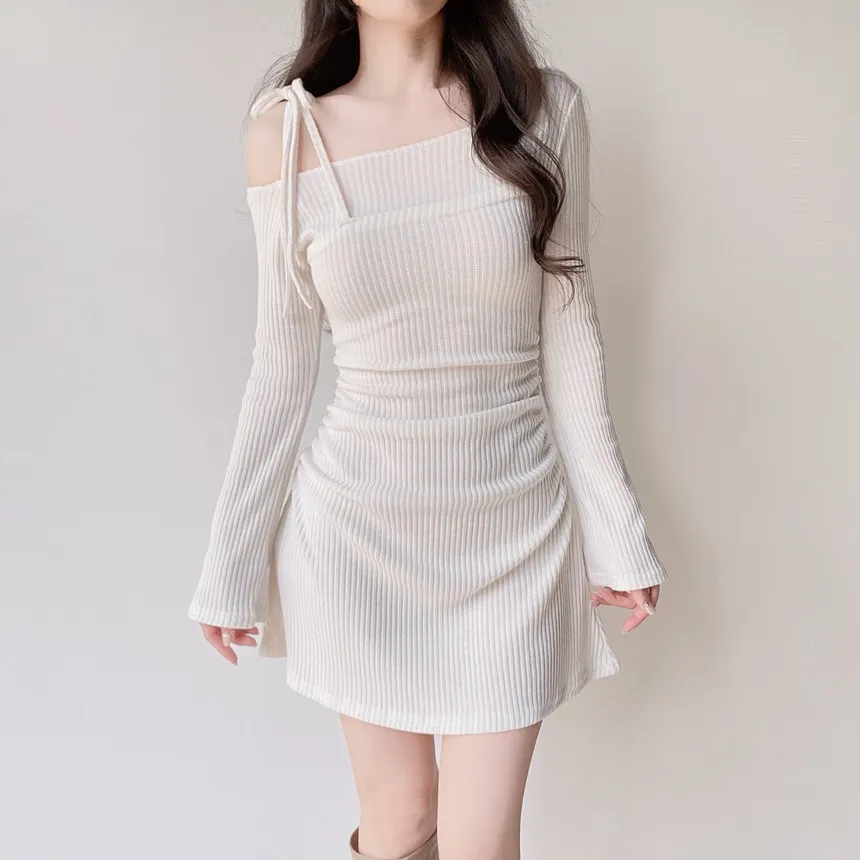 ニットリブドローストリング長袖ミニシャーリングワンピース | mirangmirang | 詳細画像23