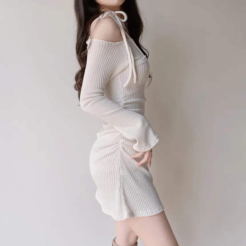 ニットリブドローストリング長袖ミニシャーリングワンピース | mirangmirang | 詳細画像25