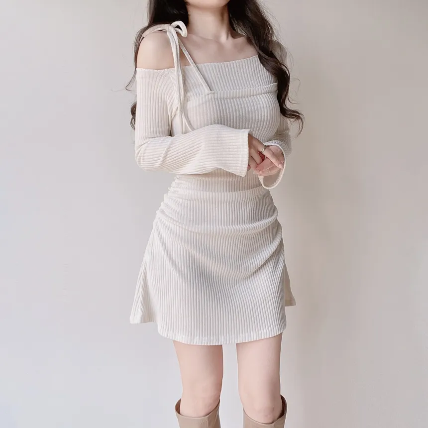 ニットリブドローストリング長袖ミニシャーリングワンピース | mirangmirang | 詳細画像26