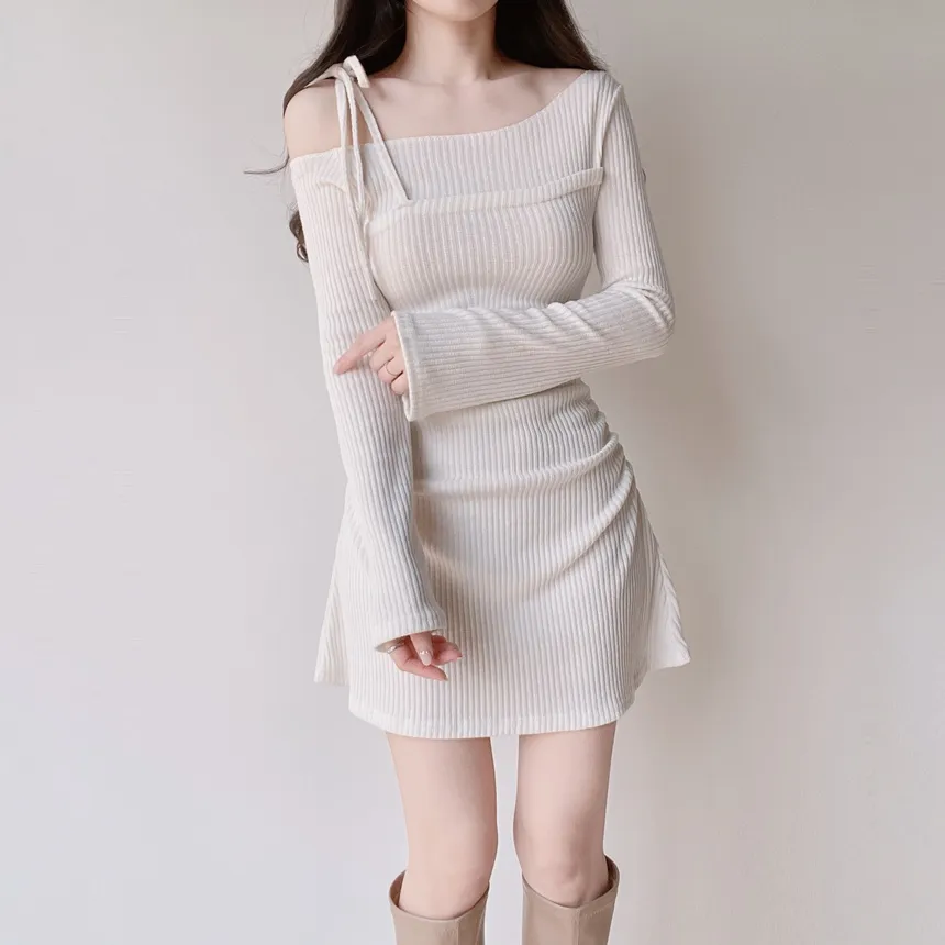 ニットリブドローストリング長袖ミニシャーリングワンピース | mirangmirang | 詳細画像27