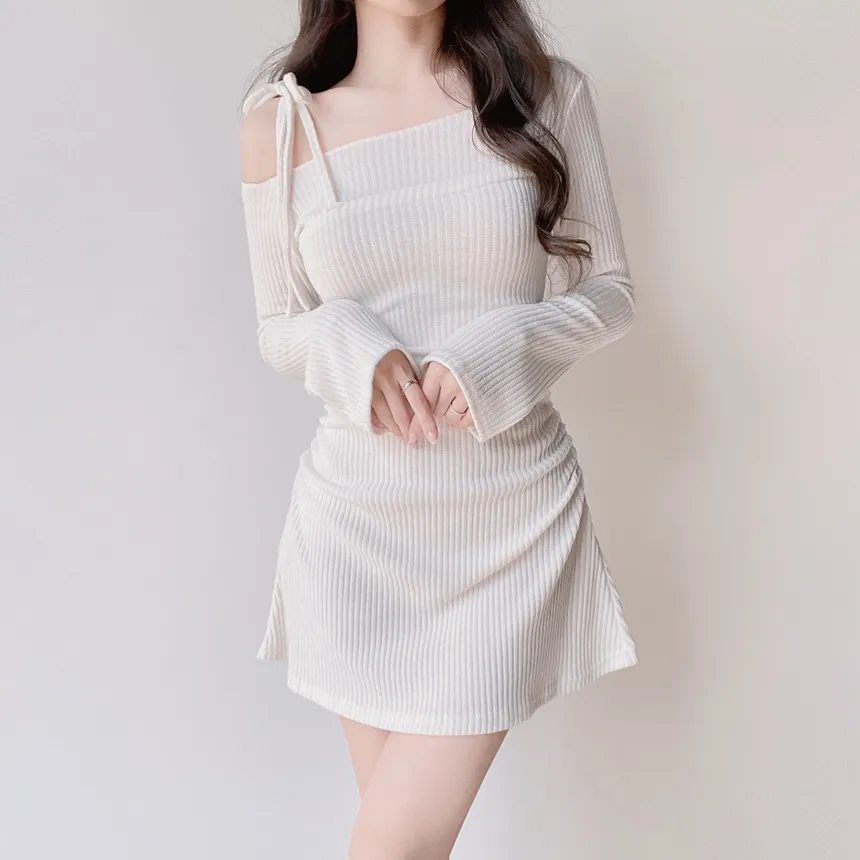 ニットリブドローストリング長袖ミニシャーリングワンピース | mirangmirang | 詳細画像35