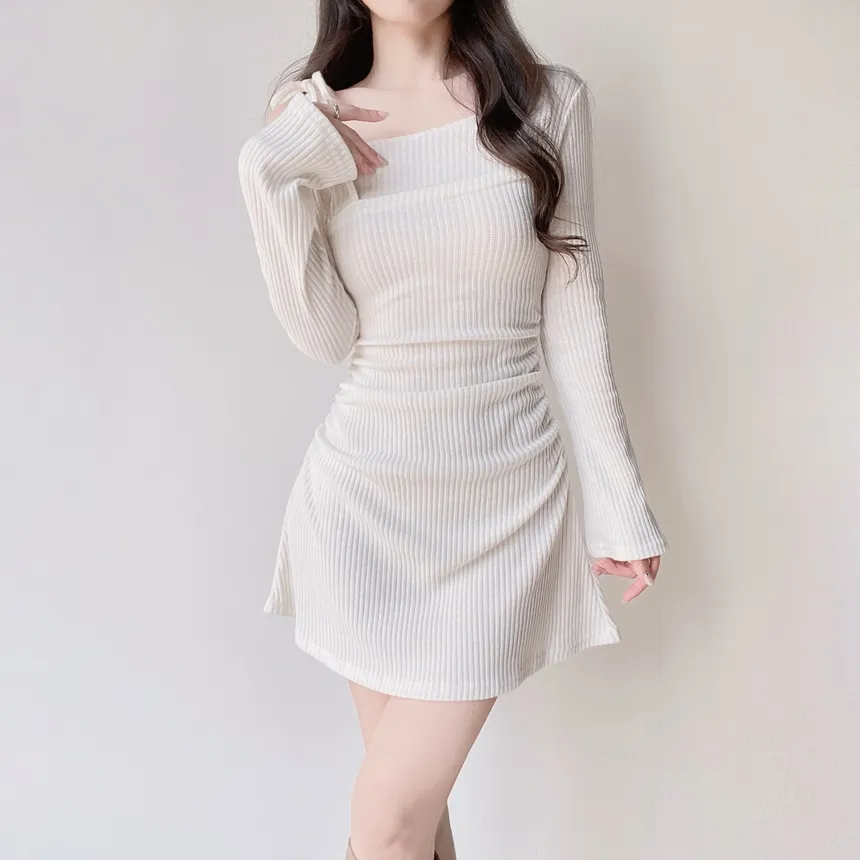 ニットリブドローストリング長袖ミニシャーリングワンピース | mirangmirang | 詳細画像36