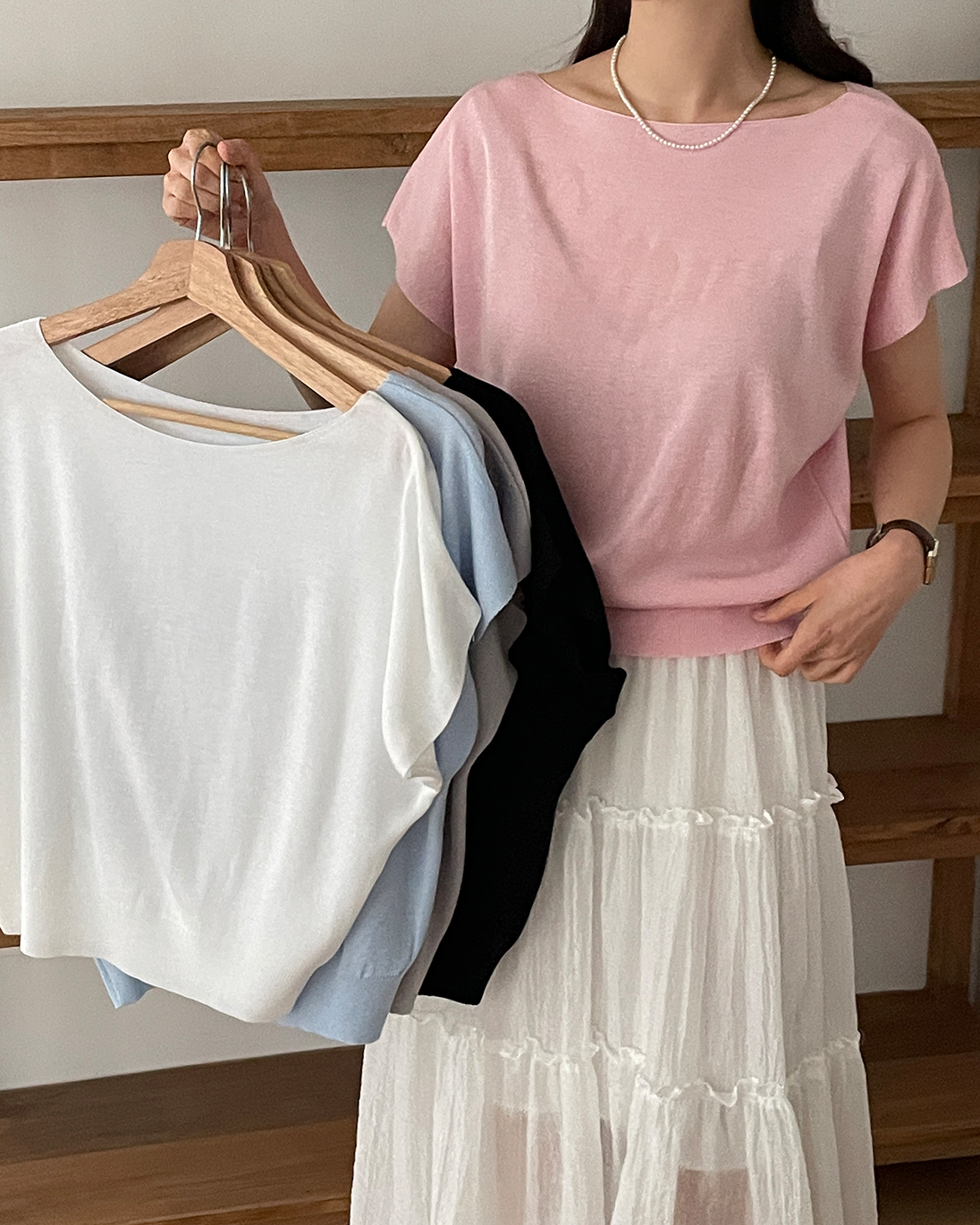 アクリルボートネックフレンチスリーブドルマンルーズ無地ノースリーブ | 詳細画像2