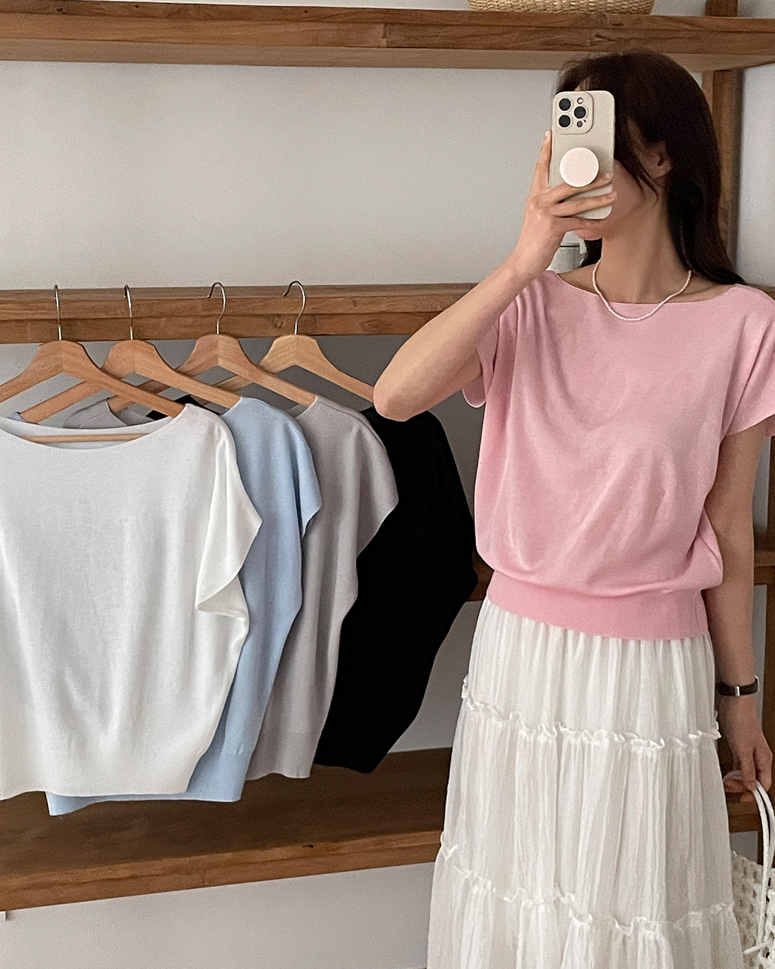 アクリルボートネックフレンチスリーブドルマンルーズ無地ノースリーブ | 詳細画像3