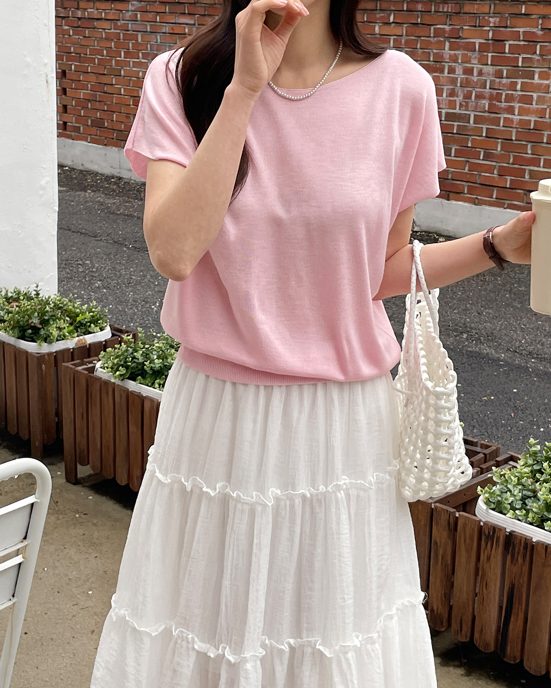 アクリルボートネックフレンチスリーブドルマンルーズ無地ノースリーブ | 詳細画像4