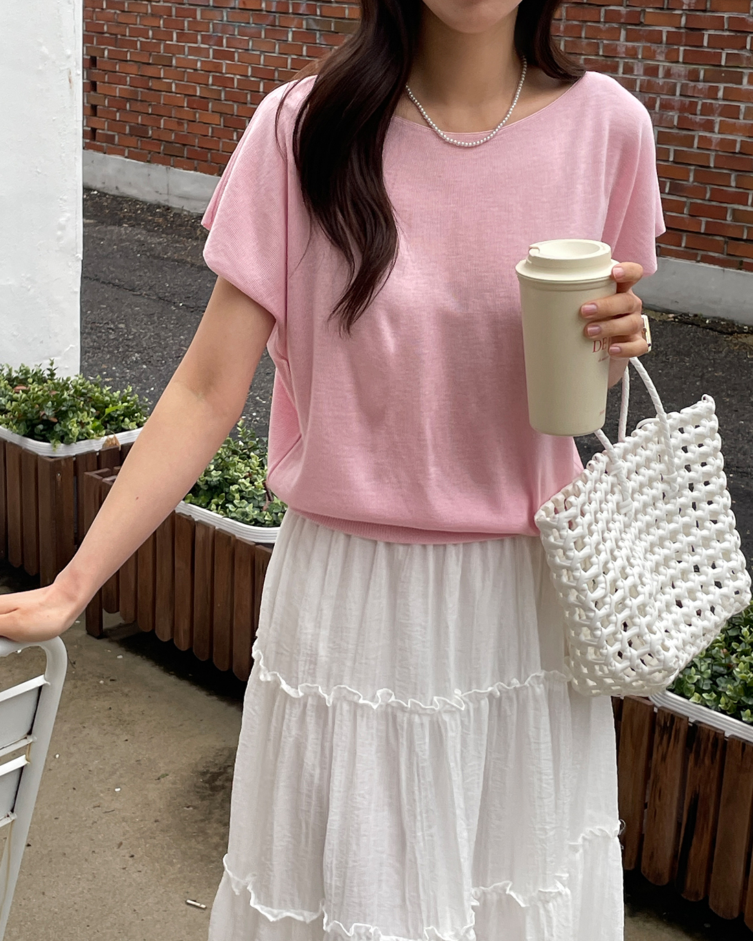 アクリルボートネックフレンチスリーブドルマンルーズ無地ノースリーブ | 詳細画像5