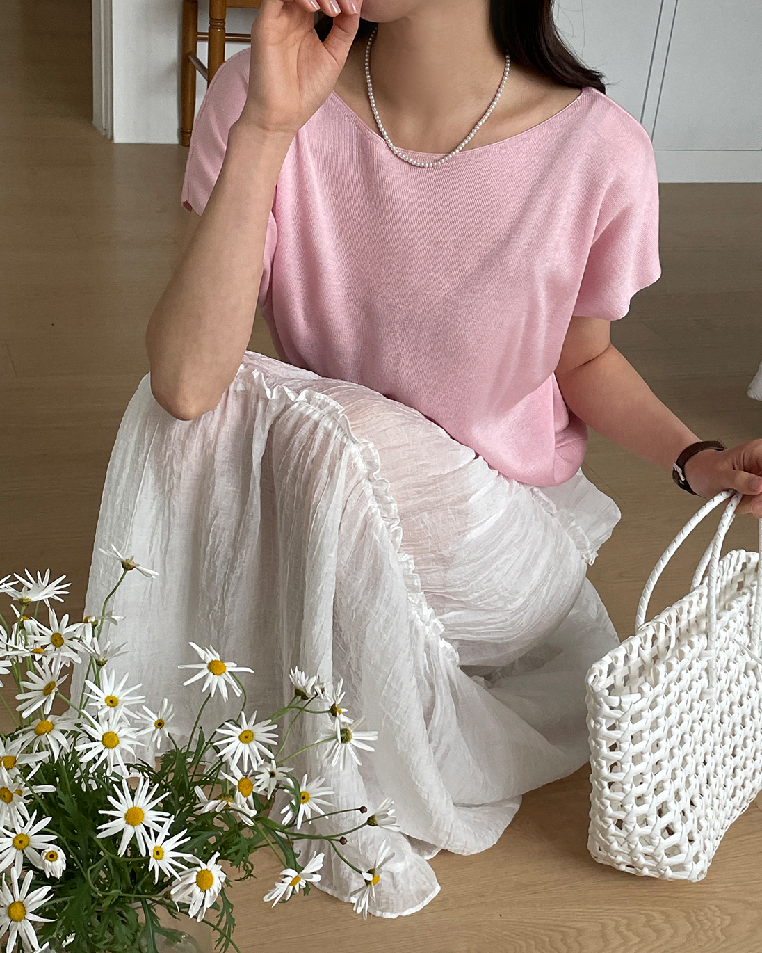 アクリルボートネックフレンチスリーブドルマンルーズ無地ノースリーブ | 詳細画像7