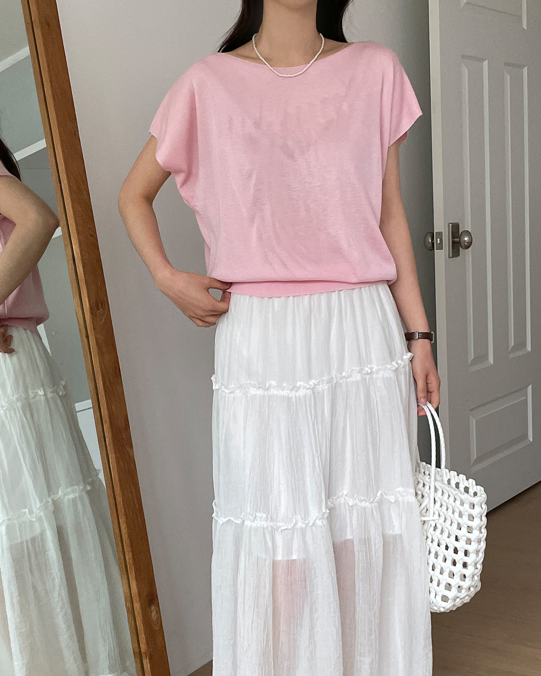 アクリルボートネックフレンチスリーブドルマンルーズ無地ノースリーブ | 詳細画像8