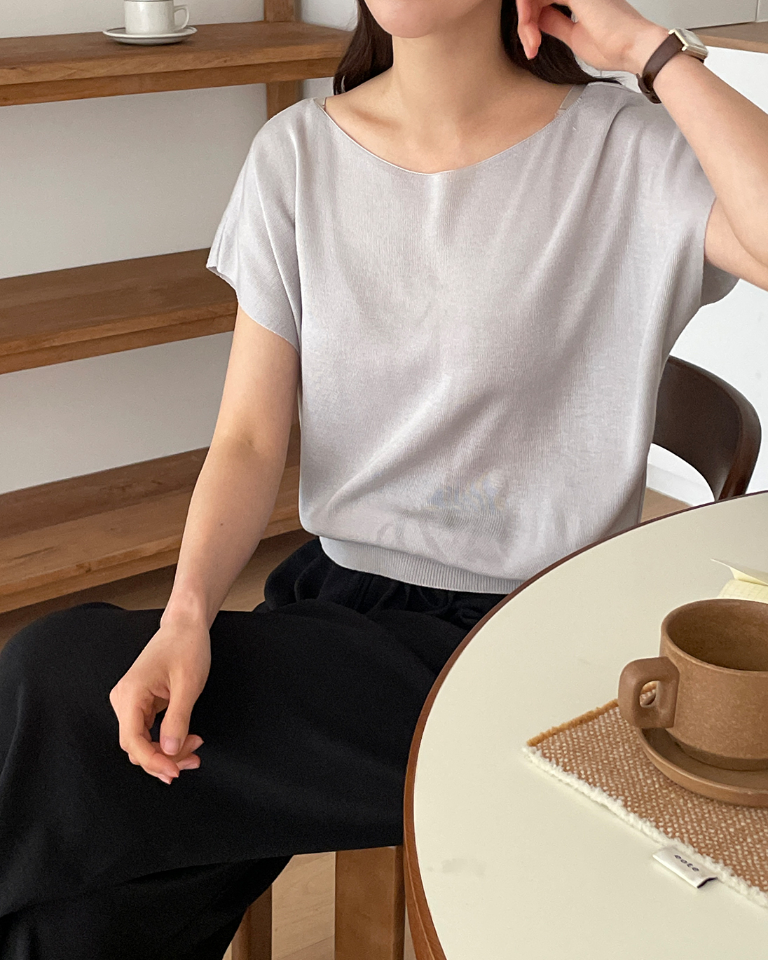 アクリルボートネックフレンチスリーブドルマンルーズ無地ノースリーブ | 詳細画像11