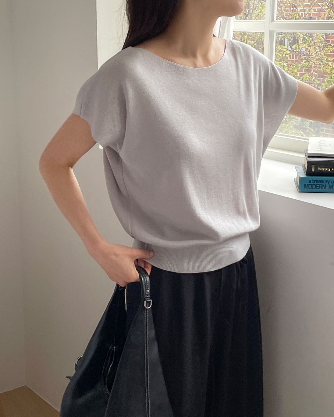 アクリルボートネックフレンチスリーブドルマンルーズ無地ノースリーブ | 詳細画像9