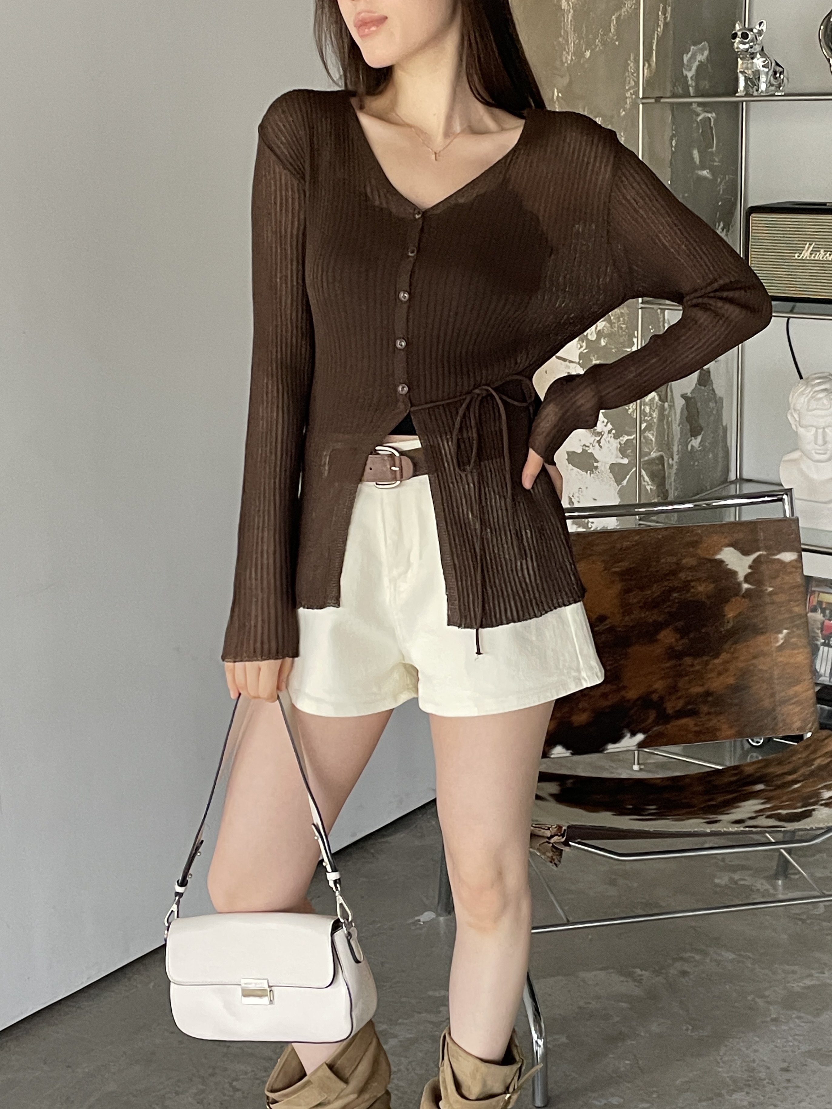 リブブークレボタンストラップVネックメロウスリットスリム長袖無地カーディガン | 詳細画像4