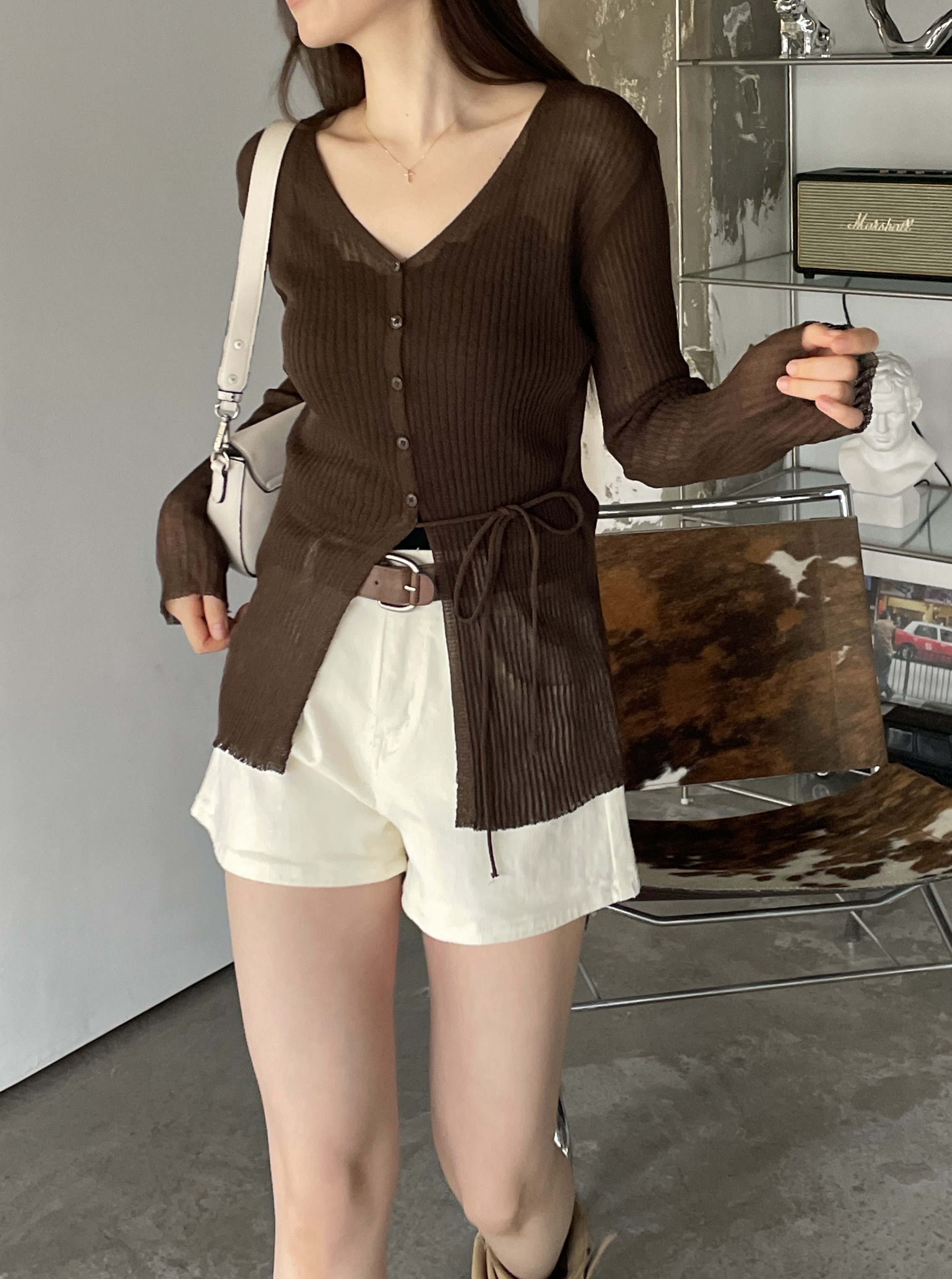 リブブークレボタンストラップVネックメロウスリットスリム長袖無地カーディガン | 詳細画像3