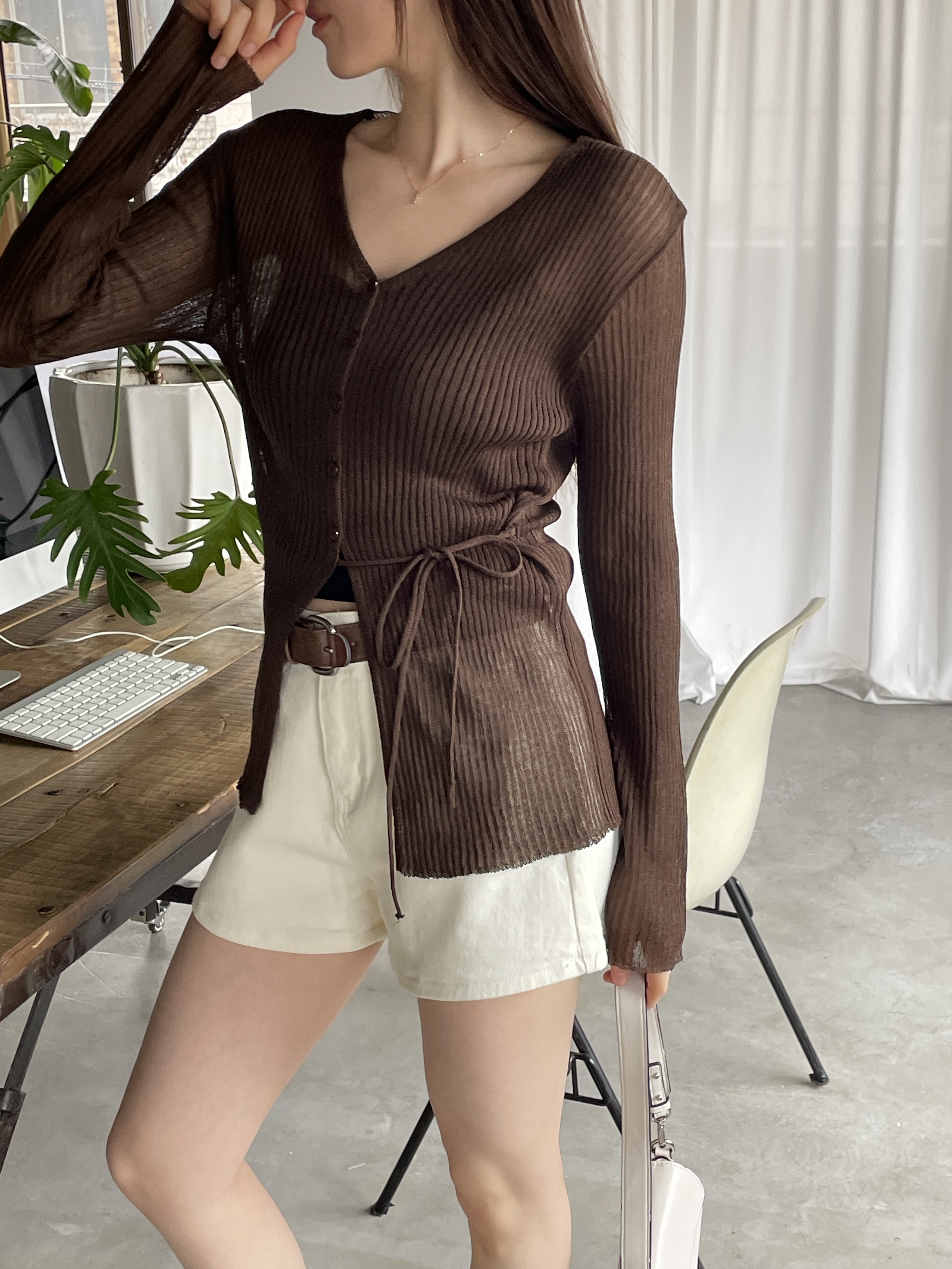 リブブークレボタンストラップVネックメロウスリットスリム長袖無地カーディガン | 詳細画像5