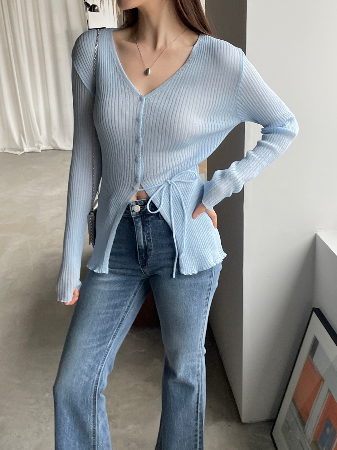 リブブークレボタンストラップVネックメロウスリットスリム長袖無地カーディガン | 詳細画像9