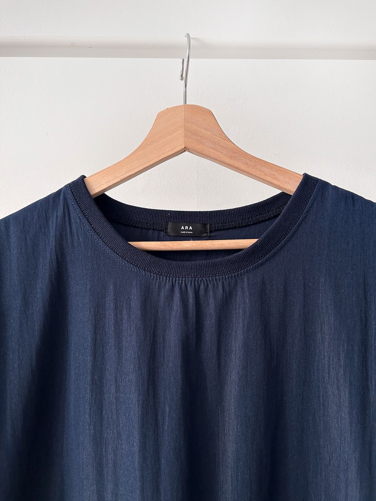 ラウンドネックシャーリングフレンチスリーブドローコードロング半袖フレアAライン無地ワンピース | 詳細画像3