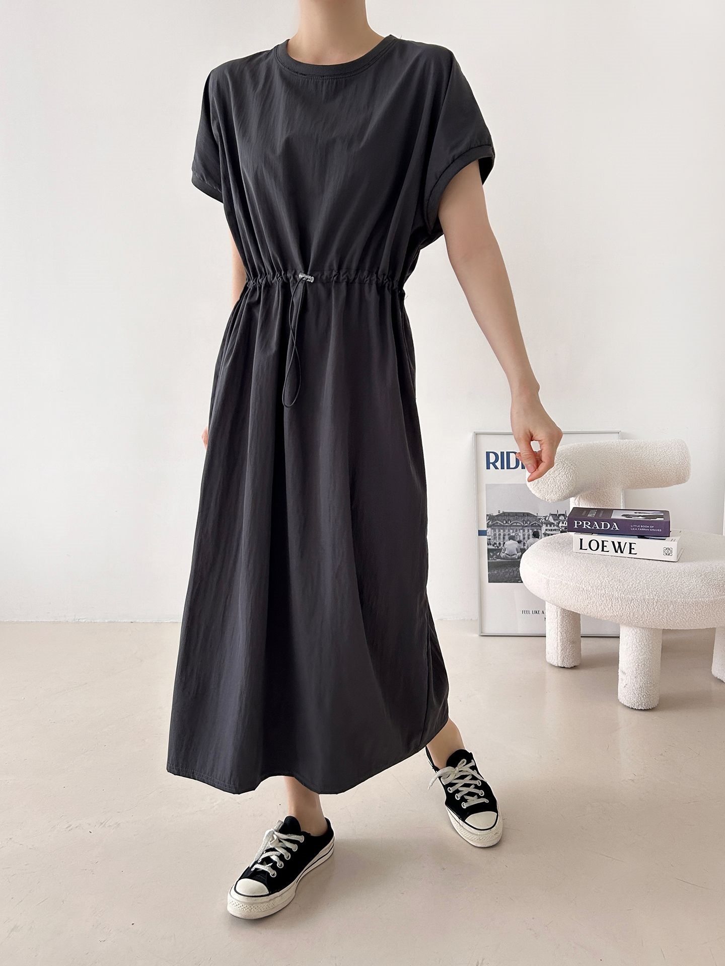 ラウンドネックシャーリングフレンチスリーブドローコードロング半袖フレアAライン無地ワンピース | 詳細画像14