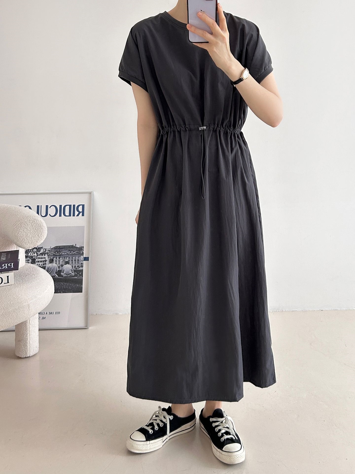 ラウンドネックシャーリングフレンチスリーブドローコードロング半袖フレアAライン無地ワンピース | 詳細画像16