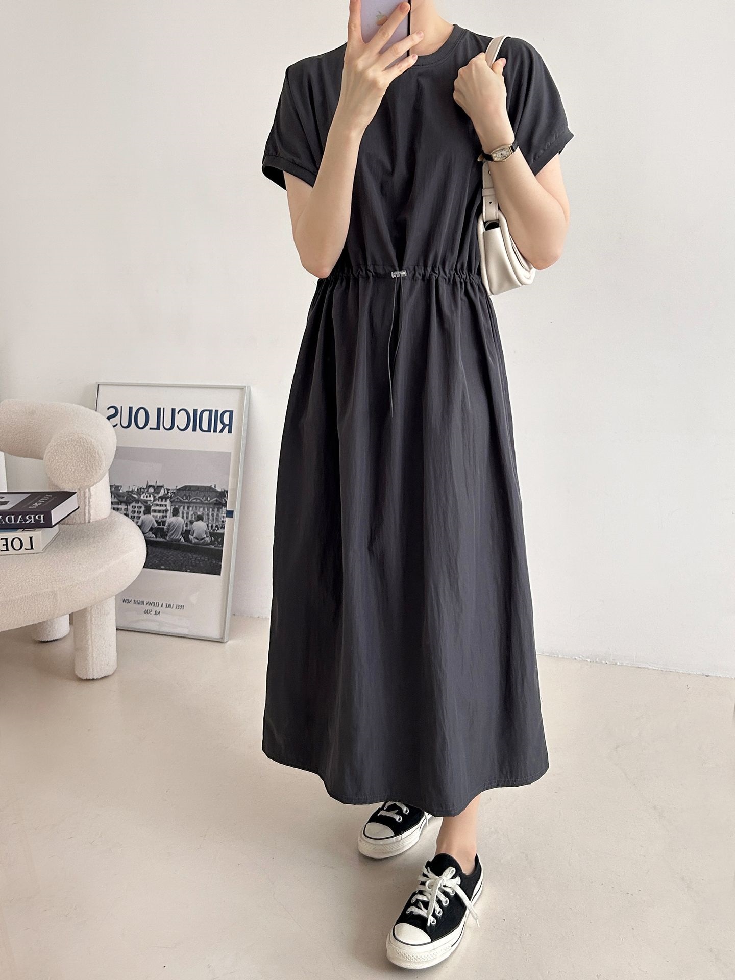 ラウンドネックシャーリングフレンチスリーブドローコードロング半袖フレアAライン無地ワンピース | 詳細画像17