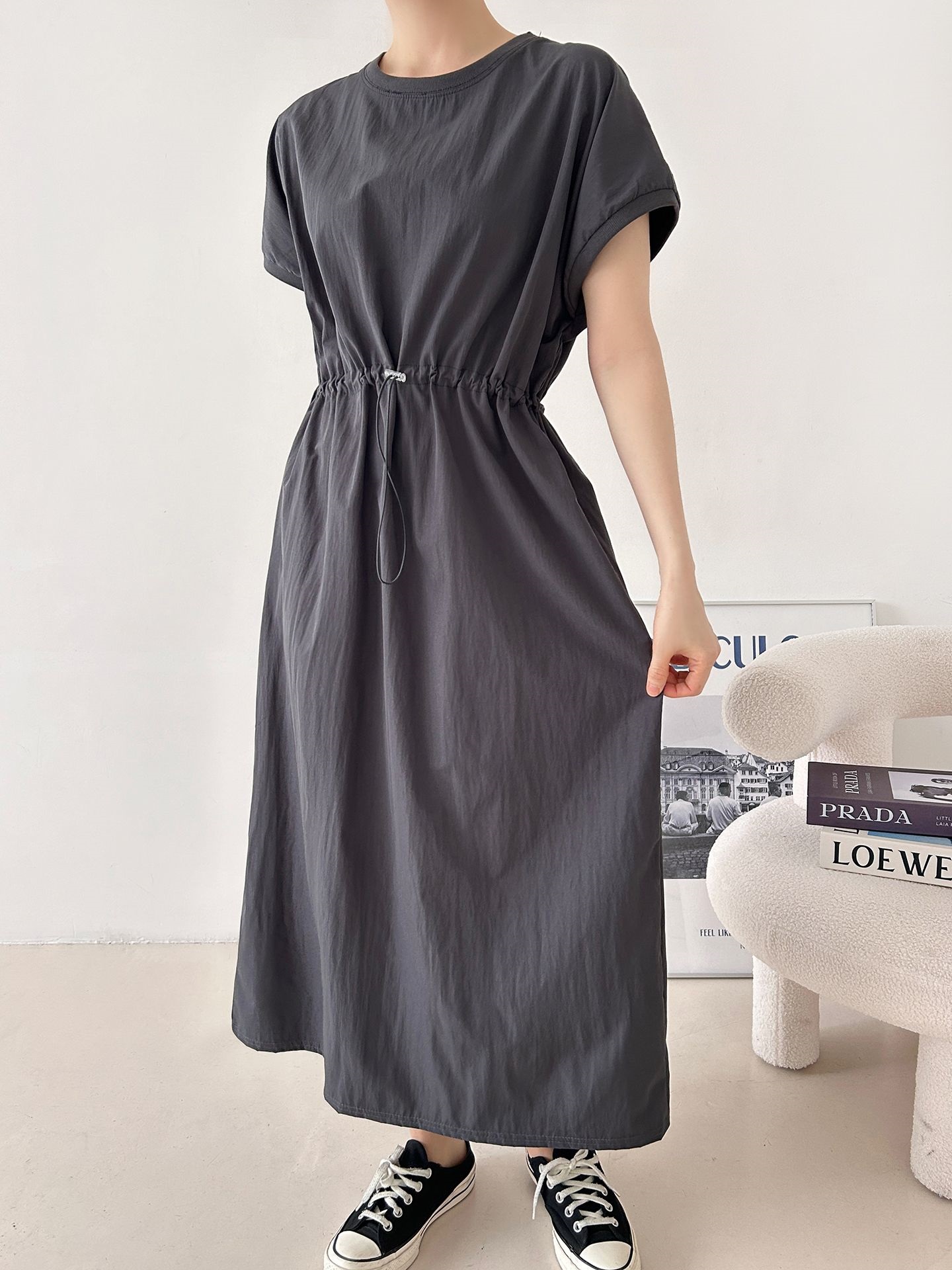ラウンドネックシャーリングフレンチスリーブドローコードロング半袖フレアAライン無地ワンピース | 詳細画像19