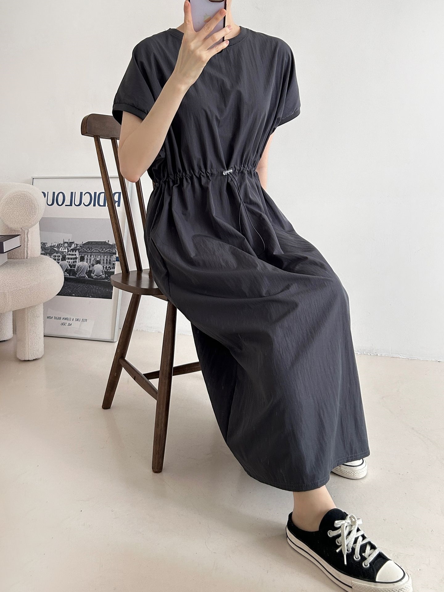 ラウンドネックシャーリングフレンチスリーブドローコードロング半袖フレアAライン無地ワンピース | 詳細画像20