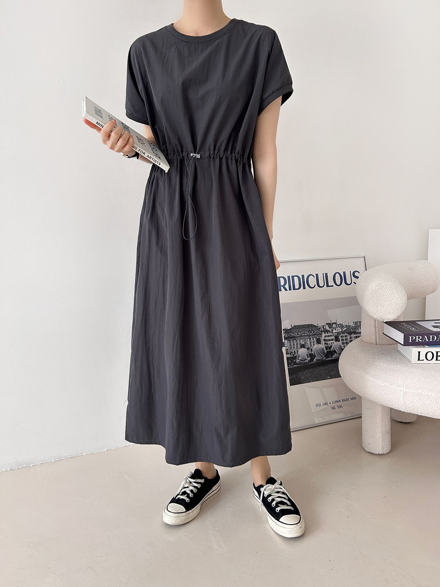 ラウンドネックシャーリングフレンチスリーブドローコードロング半袖フレアAライン無地ワンピース | 詳細画像21