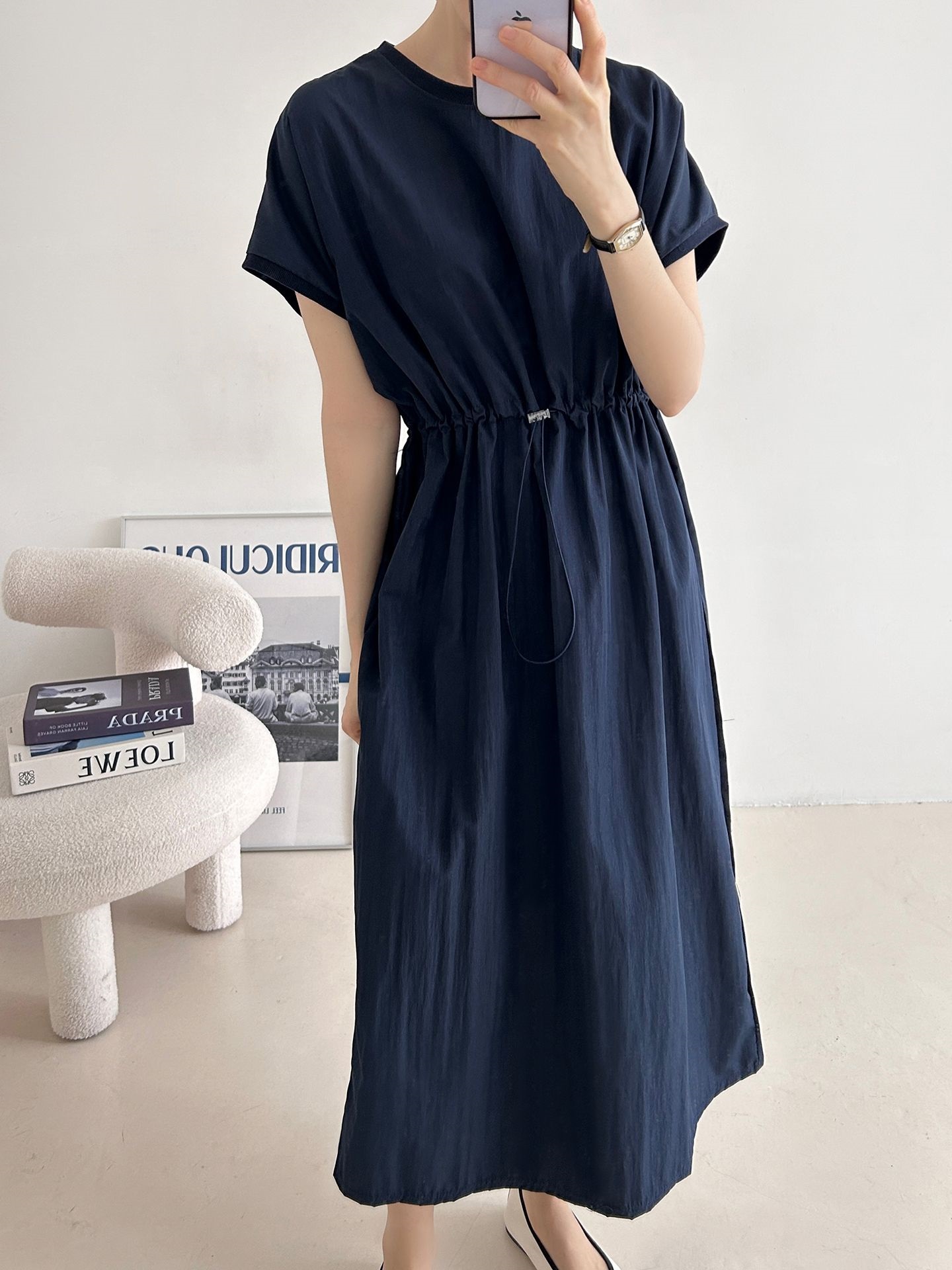 ラウンドネックシャーリングフレンチスリーブドローコードロング半袖フレアAライン無地ワンピース | 詳細画像27