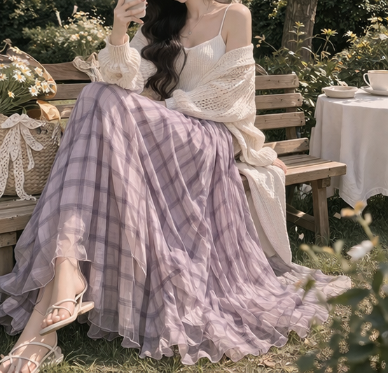 ウエストゴムロングルーズフレアAラインチェックスカート | 詳細画像6