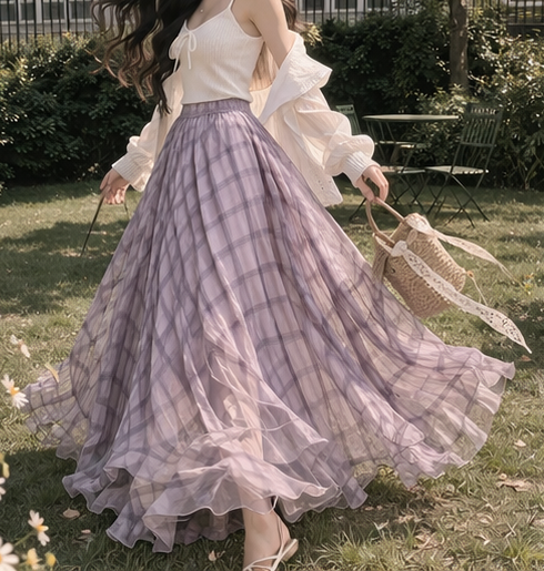 ウエストゴムロングルーズフレアAラインチェックスカート | 詳細画像7