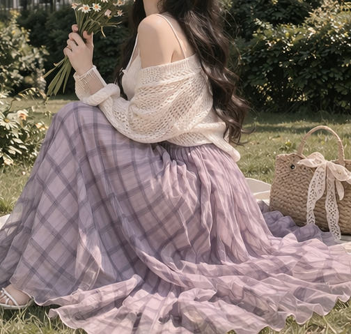 ウエストゴムロングルーズフレアAラインチェックスカート | 詳細画像8