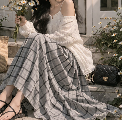 ウエストゴムロングルーズフレアAラインチェックスカート | 詳細画像10