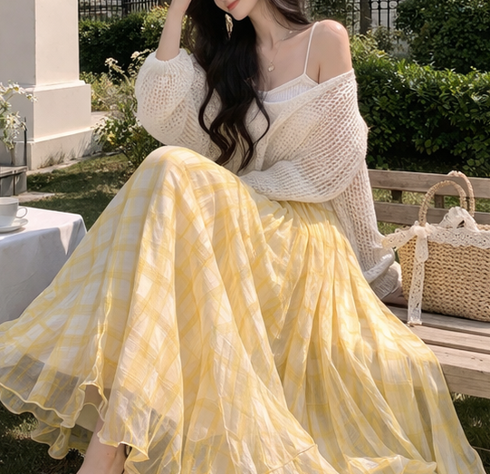 ウエストゴムロングルーズフレアAラインチェックスカート | 詳細画像2