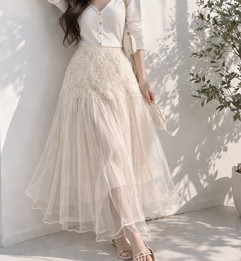 ボタンストラップフリルパンチングウエストゴムパフスリーブロング長袖フレアAライン刺繍花柄スカート | 詳細画像4