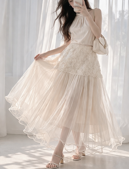 ボタンストラップフリルパンチングウエストゴムパフスリーブロング長袖フレアAライン刺繍花柄スカート | 詳細画像5