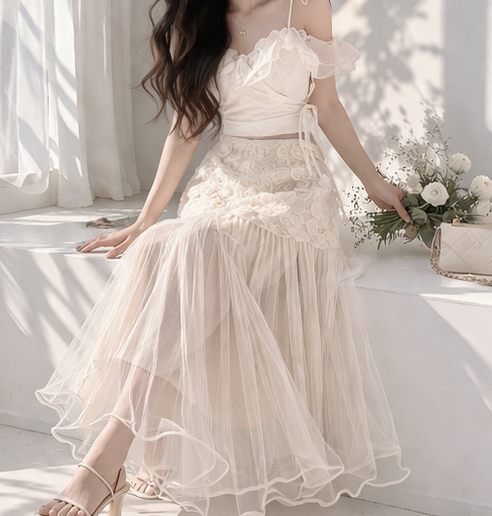 ボタンストラップフリルパンチングウエストゴムパフスリーブロング長袖フレアAライン刺繍花柄スカート | 詳細画像6