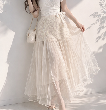 ボタンストラップフリルパンチングウエストゴムパフスリーブロング長袖フレアAライン刺繍花柄スカート | 詳細画像7