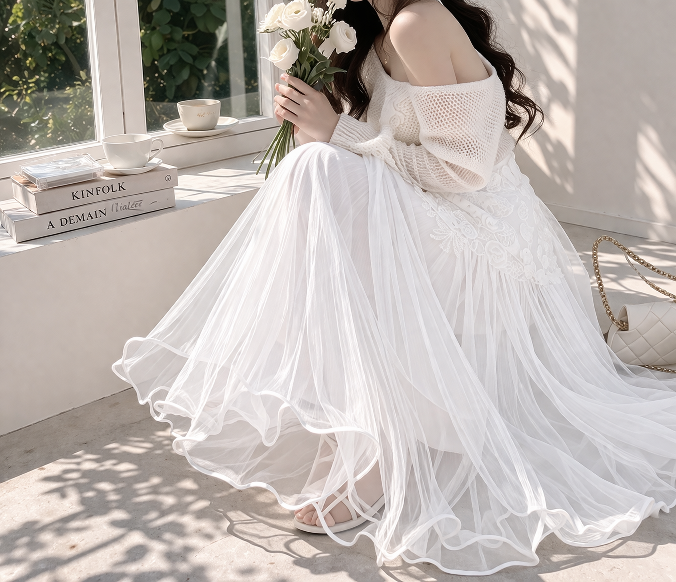 ボタンストラップフリルパンチングウエストゴムパフスリーブロング長袖フレアAライン刺繍花柄スカート | 詳細画像3