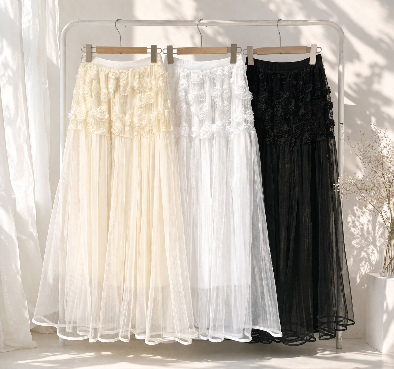 ボタンストラップフリルパンチングウエストゴムパフスリーブロング長袖フレアAライン刺繍花柄スカート | 詳細画像10