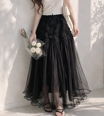 ボタンストラップフリルパンチングウエストゴムパフスリーブロング長袖フレアAライン刺繍花柄スカート | 詳細画像9