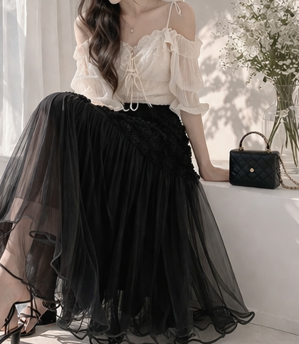 ボタンストラップフリルパンチングウエストゴムパフスリーブロング長袖フレアAライン刺繍花柄スカート | 詳細画像8