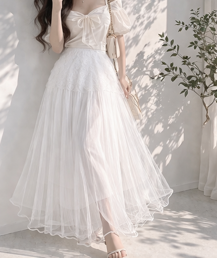 ボタンストラップフリルパンチングウエストゴムパフスリーブロング長袖フレアAライン刺繍花柄スカート | 詳細画像2