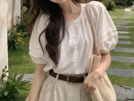 ボタンラウンドネックピンタックパフスリーブルーズ半袖刺繍ブラウス | 詳細画像2