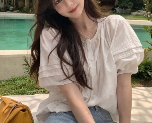 ボタンラウンドネックピンタックパフスリーブルーズ半袖刺繍ブラウス | 詳細画像3